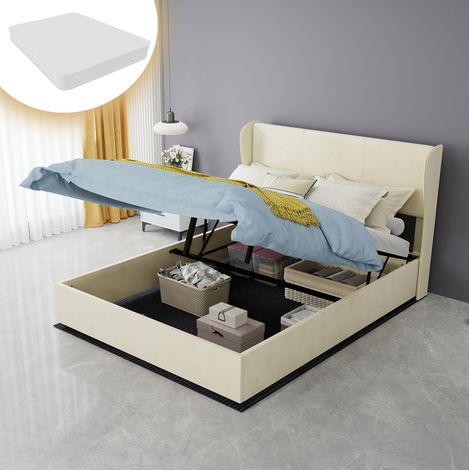 Letto moderno imbottito beige 140x200 cm con testiera alta morbida e struttura in metallo (1/5)