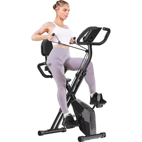 Vélo d'appartement pliant, Roue d'inertie de 2,5 kg, avec 8 niveaux de résistance réglable, avec dossier et cordon de serrage, Noir