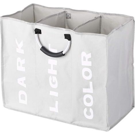 Trieur à linge 3 compartiments, panier à linge pliable trieur sac à linge sac à linge de tri avec poignées en aluminium (gris clair)- (1/5)