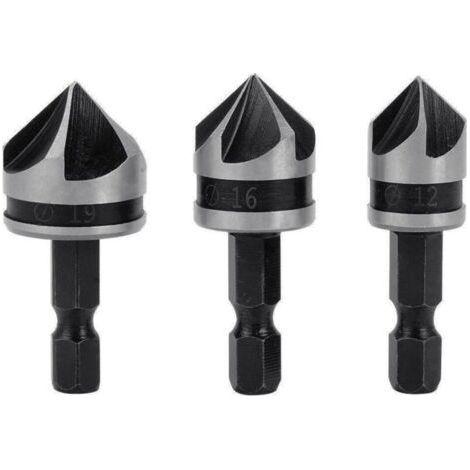 3pcs 1/4" Hex HCS Fraise à Chanfreiner 5 Flûte Foret Embouts pour phanfreiner Évier à Fraise Conique 12mm/16mm/19mm Pour Bois Métal (1/5)