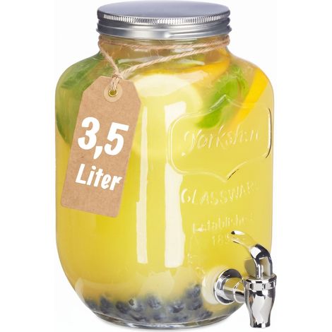 Relaxdays Getränkespender 3,5 l, Glas, Zapfhahn, Retro Saftspender Gastro, Vintage Limonadenspender Gartenparty, klar (1/5)