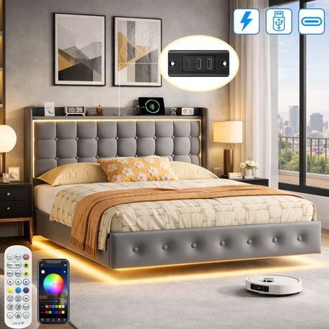 Lit 140x200 cm avec Sommier - Lit 2 Personnes avec Rangement - Lit Flottant avec LED - Prise Intégrée (USB + Tpye) - Velours - Gris (1/5)