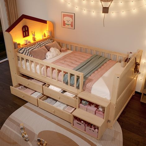 Lit mi-hauteur 90x200 avec design maison, Lit Enfant avec fenêtre, 4 tiroirs, bande LED et échelle de rangement – sans matelas (1/5)