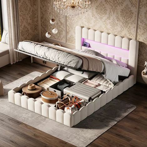 Lit double capitonné 160×200cm, lit coffre avec lumière LED et port USB, lit adulte avec espace de rangement, sommier à lattes,lit ados , Lin, Beige (1/5)