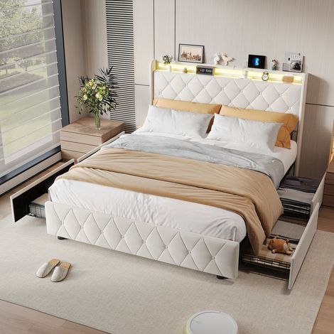 lit 160x200, lit double 160x200 avec tiroirs, cadre de lit, lit adulte, LED réglable, Chargement USB, velours, Beige (1/5)