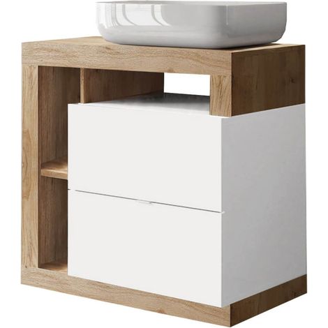 ARTURO - Meuble Vasque 78cm 2 tiroirs blanc laqué et aspect bois finition Cadiz