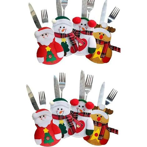 Juego de cubiertos FOREHILL de 8 piezas con diseño de muñeco de nieve, Papá Noel y la Parca, bolsa para cubiertos navideños, decoración de mesa (1/4)