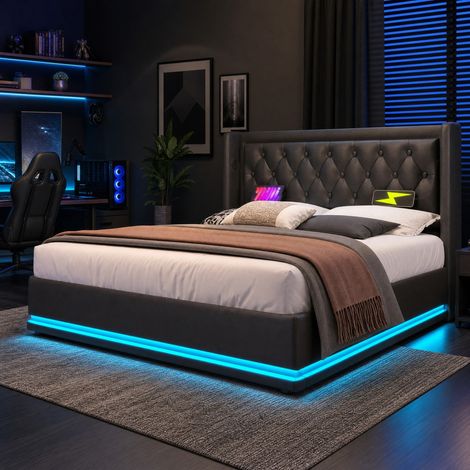 CHICFURN Cama con canapé 160x200 cm PU negro, USB-C y LED en 3 lados, sin colchón (1/5)