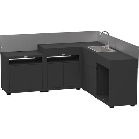 Le Marquier – Cuisine d'angle 5 éléments avec crédences en inox – Acier époxy noir – Dimensions L215 x P215 x H128 cm – Certification Origine France Garantie