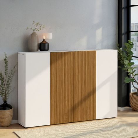 Zapatero Palasio, Mueble para 40 Pares, 10 Estantes Made in Italy, 4 Puertas, 160x34x115h cm Blanco Brillante