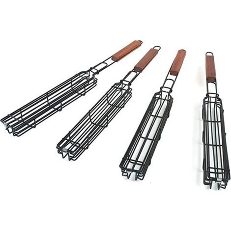 Lot de 4 paniers de barbecue avec grille verrouillable à long manche en bois - Antiadhésifs - En acier inoxydable - Pour barbecue,poissons,légumes,saucisses,oignons (1/5)