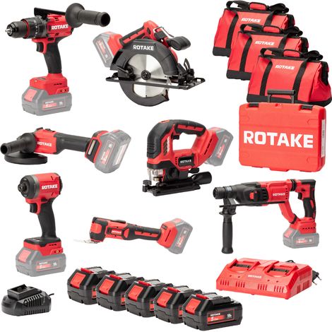 Ensemble de 7 machines ROTAKE 18V - Perceuse visseuse à percussion D2H + Meuleuse 125 + PERFORATEUR + Scie circulaire + Visseuse à chocs + Scie sauteuse + Outil multifonction - ROTAKE - avec 3 batteri