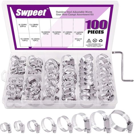 100Pcs 100 Pièces 8 Tailles 6-38mm Collier de Serrage Réglables, Colliers de serrage en acier inoxydable, Tuyau Clips, Tuyau Clips Réglable,pour tuyau d'eau, plomberie, automobile et mécanique (1/5)