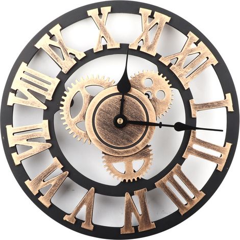 Horloge murale 3D en bois rustique vintage – 30 cm, finition dorée, fabrication artisanale pour salon, bureau ou bar