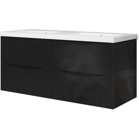 Meuble de salle de bain suspendu 120 cm, 4 tiroirs, avec vasque,MDF noir brillant (1/5)
