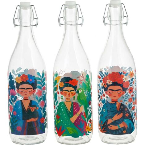 Glasflasche mit Deckel, inspiriert von Flora und Frau, farbenfroher Stil