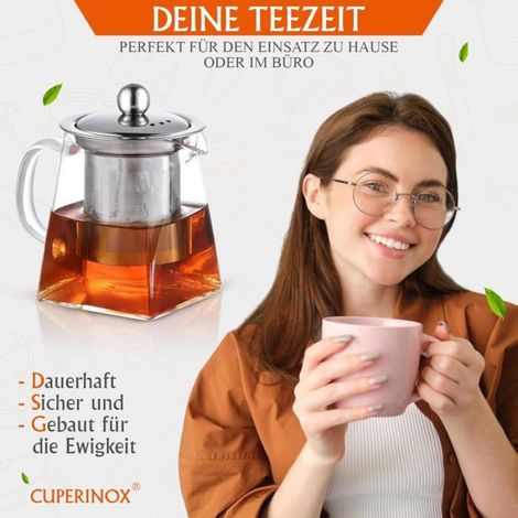 1 Théière, Verre borosilicate, Infuseur acier inoxydable, Résistante chaleur, Micro-ondes, 950 ml, Usage quotidien. (1/5)