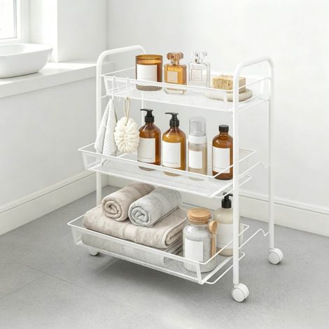 Carrello portatutto in acciaio con 3 cestini e ruote bianco 45 x 26,5 x 63 cm OKWISH (1/5)