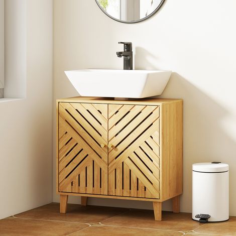Meuble Sous Lavabo en Bambou avec 2 Portes Lattes et Étagère Ajustable pour Lavabo sans Pied 60x30x60 cm Naturel