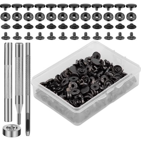 50 Sets Druckknöpfe, 10 mm Druckknopf-Set aus schwarzem Metall und Leder mit 4 Druckknopf-Installationswerkzeugen zum Nähen von Kleidung, Basteln (1/5)