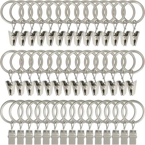 Ensemble de 44 pièces d'anneaux de rideaux argent mat avec pinces, crochets, anneaux à pinces, nœuds, embouts et anneaux de rideaux