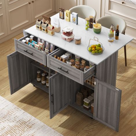 Carrello/credenza da pranzo 129x46(71)x91,5cm con piano pieghevole, ripiani interni nelle ante, isola cucina su 5 ruote con armadietti e 2 cassetti, per sala da pranzo, bianco + grigio kaki