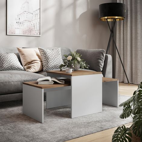 Conjunto de mesa de centro Donat, Roble blanco/dorado, 100 x 48 cm , 2 partes, Vicco