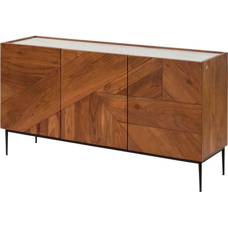 Sideboard Akazie 147x40x76 natur lackiert / Marmor weiß KARLSTAD 15