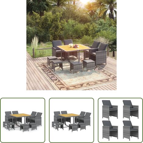 vidaXL Rattan - 9-tlg. Garten-Essgruppe mit Kissen Poly Rattan Grau (1/5)