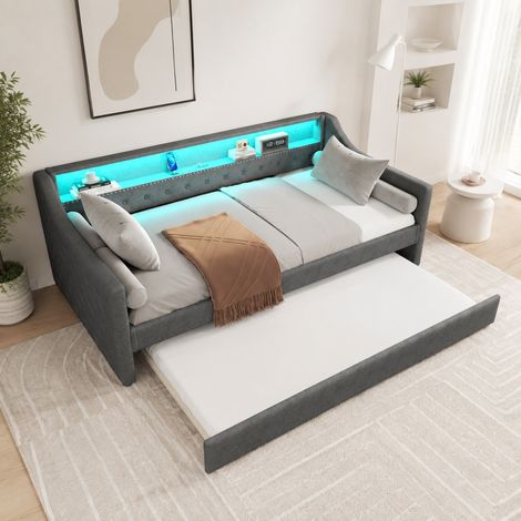 Divano letto 90 x 200 cm con letto estraibile, LED controllato da app, USB, grigio HAVRYA (1/5)