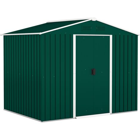 Caseta de jardín metálica de 2,35 x 1,74 m con ranuras de ventilación y puertas correderas, caseta galvanizada para almacenamiento de herramientas exteriores, color verde. (1/5)