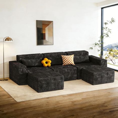 Modular Sofa 258cm Boneless Cloud Couch L Shaped Couch Corner Sofa Memory Foam Corduroy Wide Armrest Deep Seat Pillow Bottom Anti-Slip Living Room Bedroom No Assembly Required Grey 3 Seater&Ottomans