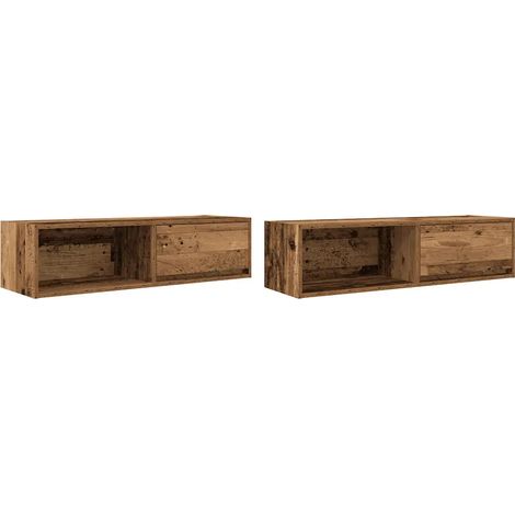 Lot de 2 meubles TV muraux peu encombrants avec grand espace de rangement 100 x 31 x 25,5 cm en bois d'ingénierie vieux bois (1/5)