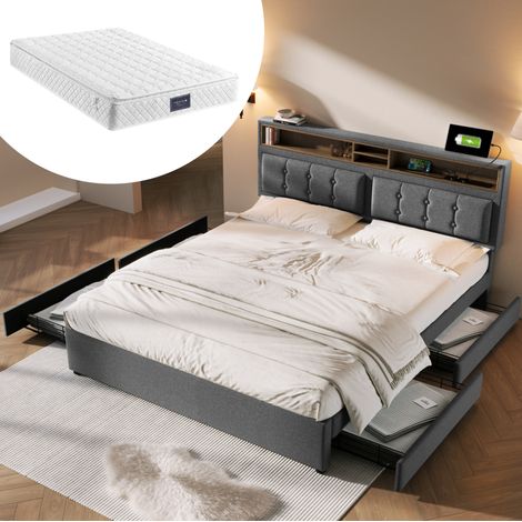 MEUBLIV Bett 140x200 cm grau – verstellbares Kopfteil, 4 Schubladen, USB-C, mit Matratze (1/5)