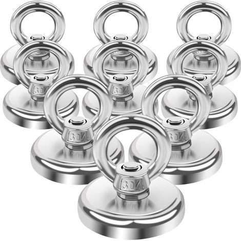 Lot de 9 aimants puissants de 32 mm - 32 kg - Force d'adhérence en néodyme - Aimants à œillets en néodyme avec crochet - Poisson magnétique avec œillet - Crochet magnétique puissant pour le