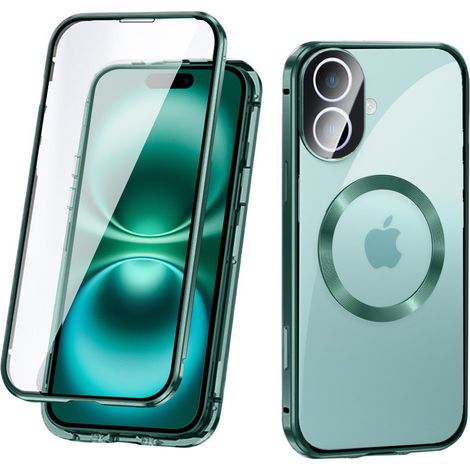 Funda magnética de doble cristal MagSafe para iPhone 16, verde (1/5)