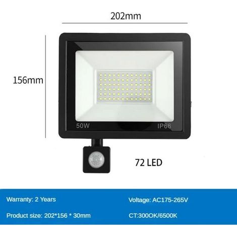 220 V - 50 W - Lumière blanche froide 6500 K - Projecteur LED étanche avec détecteur de mouvement PIR, éclairage extérieur