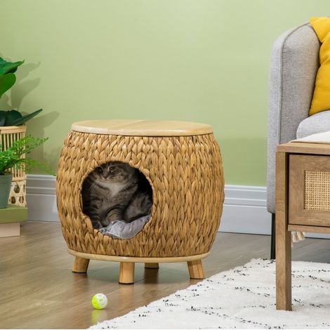 Niche pour chat en jacinthe d’eau, coussin lavable, 44 x 43 x 42 cm, gris et bois naturel DESVIAE (1/5)