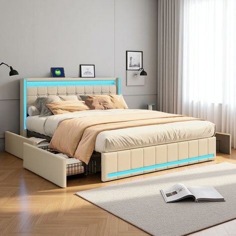 Lit 140x190 cm, 5YTT, RGB LED, USB et Type-C, Scandinave, lit adulte, cadre de lit double 140x190 cm, Lin, beige