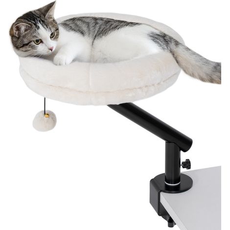 Lit de bureau pour chat, avec rotation à 360°, hauteur réglable, coussin amovible et lavable en machine, pour chats de moins de 6 kg, idéal pour la maison ou le bureau, blanc crème