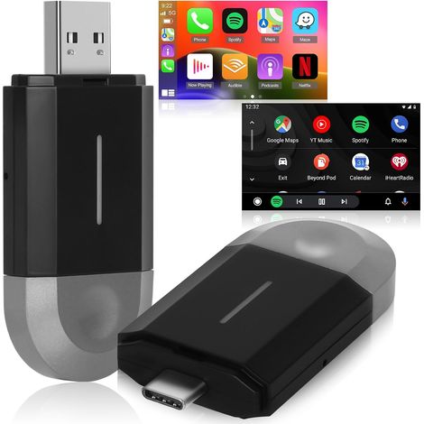 Applicable Adaptateur Carplay et Android Auto sans Fil - 2 en 1 Auto Connect Box - Convertit CarPlay&Android Auto câblé en sans Fil avec Les Voitures - Contrôle Vocal Plug and Play USB Type C