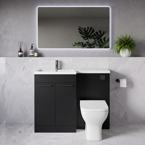 Napoli 390 Nero Oak 1100mm 2 Door Vanity Unit Toilet Suite with Square Left Hand Lucia Basin - 1100mm - Gunmetal Grey 160mm HandleWith Kingston Toilet Pan and Seat