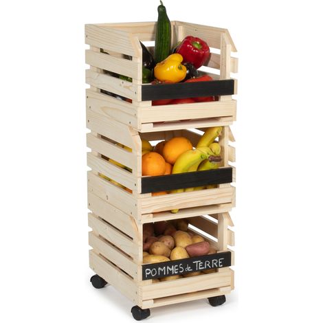 Idmarket – Lot de 3 clayettes empilables en bois pour fruits et légumes – Dimensions L.37xl.30xH.80 cm – Aérées pour circulation d'air – Avec roulettes pour déplacement facile