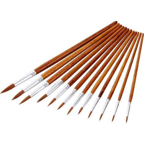 Lot de 12 pinceaux de peinture aquarelle à pointe ronde et pointue de différentes tailles - Pinceaux en nylon pour artiste - Manche en bois - Pour gouache, encre, huile (1/4)