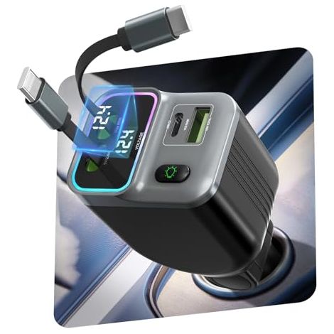 Adattatore accendisigari per auto USB-C 4 in 1 da 65 W per 12 V con indicatore di tensione e cavo retrattile, illuminazione ambientale, ricarica rapida. Accessorio per auto per iPhone 16/17, per Galax