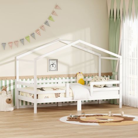 Lit cabane enfant 1 place 90x200 cm, cadre blanc en pin massif, toit en forme de maison, barrières antichute sur 3 côtés, sommier à lattes inclus (1/5)