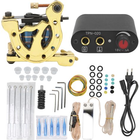 Kit tatouage débutant : machine à bobines, bloc d'alimentation 90-265V, cordon clip, pédale, aiguilles et œillets (prise EU). (1/5)
