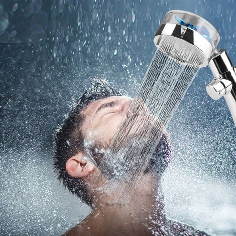 Pommeau de douche à main haute pression à hélice turbo, rotation à 360°, jet puissant et économique en eau, allumage/extinction par simple pression d'un bouton.