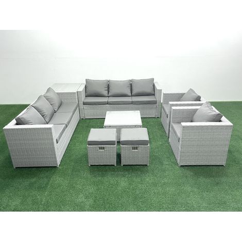 Fimous Rattan Sofa Gartenmöbel Set mit 2 Sesseln Quadratischer Couchtisch 2 kleine Fußhockern Beistelltisch Hellgrau gemischt (1/5)