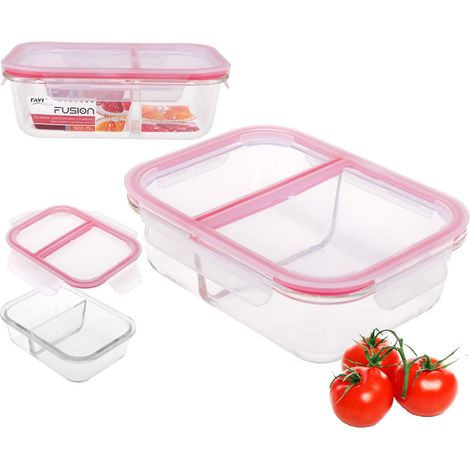 Recipiente de vidrio para fiambrera, resistente al calor, rectangular, de dos piezas, con dos compartimentos y tapa, FUSION artículo 81457, hermético, 1500 ml, para alimentos, hermético, cierre de cli (1/4)